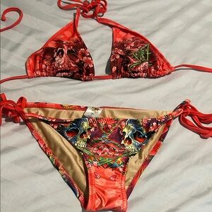 ED HARDY two piece swimsuit. Size L. One of a kind coral ties